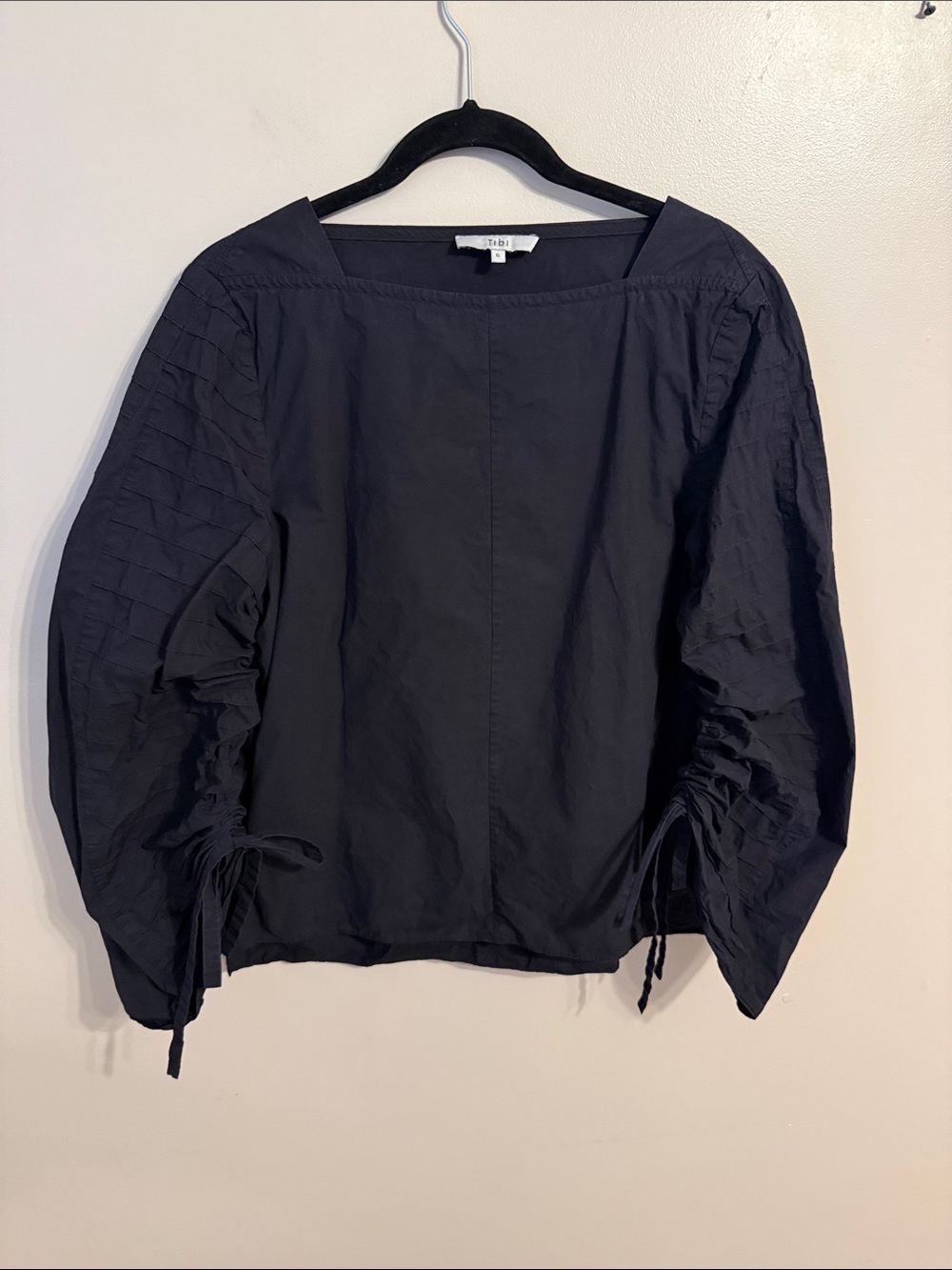 Tibi Womens Cotton Square Neck Tie Ruched Long Sleeve Blouse Top Black Size 6